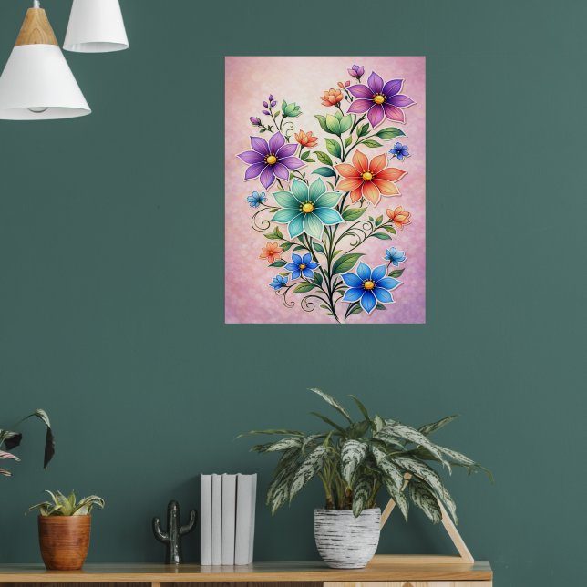 Vibrant Multicolor Floral Spray Illustration Poster (Living Room 1)