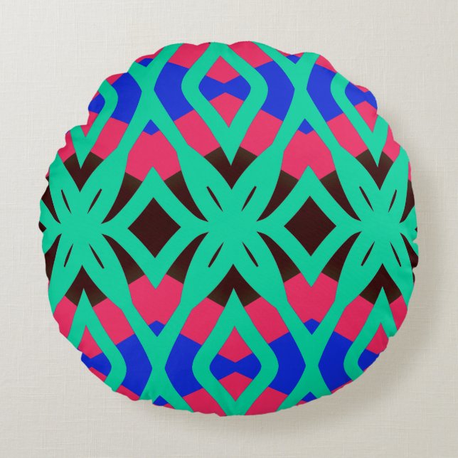 Vibrant multicolor geometric fabric pattern design round cushion (Front)