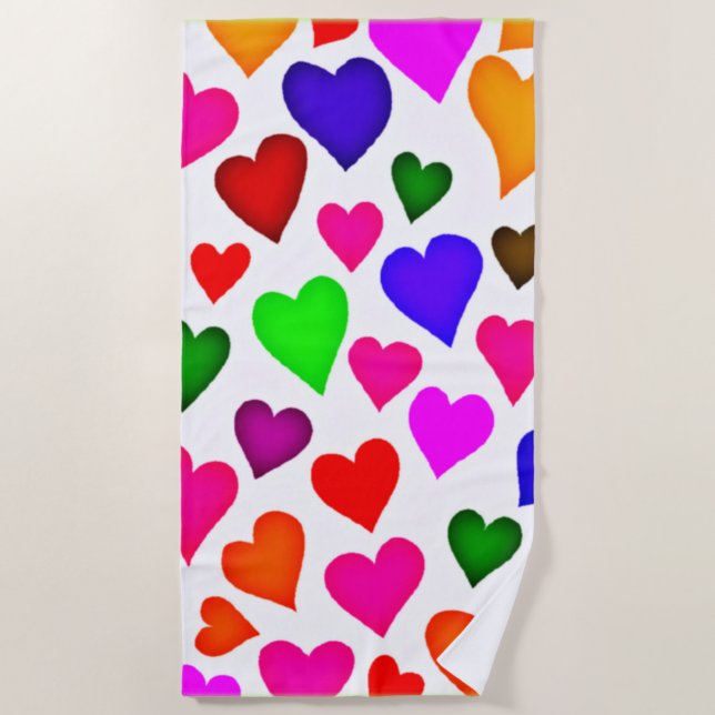 Vibrant Multicolor Heart Pattern Beach Towel (Front)