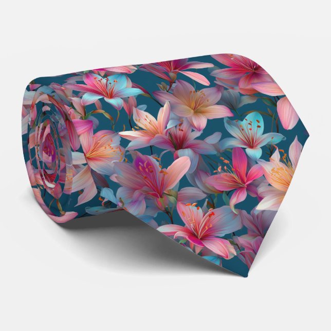 Vibrant Multicolor Lily Floral Pattern Tie (Rolled)