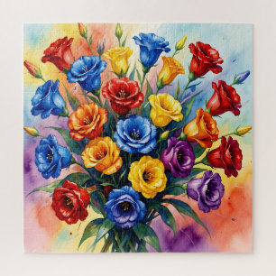 Vibrant Multicolor Roses Lisianthus Watercolor Jigsaw Puzzle