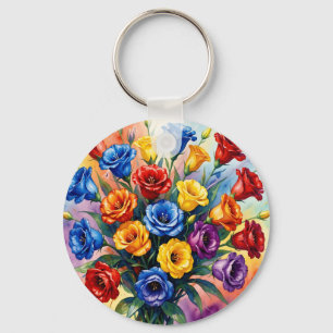 Vibrant Multicolor Roses Lisianthus Watercolor Key Ring