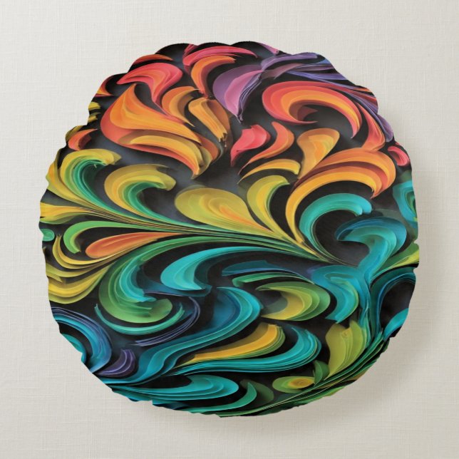 Vibrant Multicolor Swirl Art Round Cushion (Front)