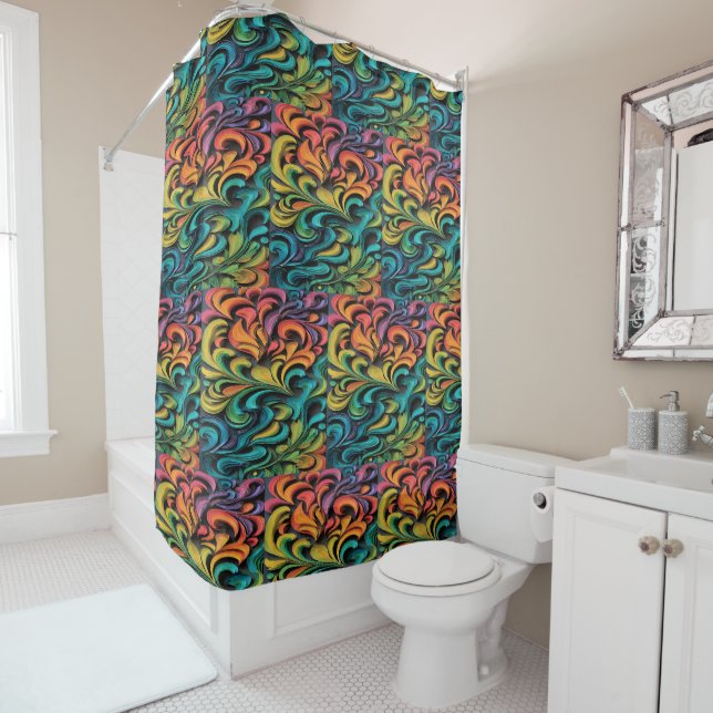 Vibrant Multicolor Swirl Art Shower Curtain (In Situ)