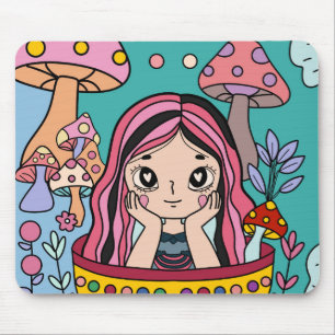 Vibrant Mushroom Forest & Cute Girl Illustration Mouse Mat