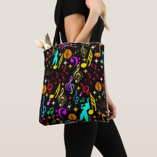 Vibrant musical notes patterns tote bag