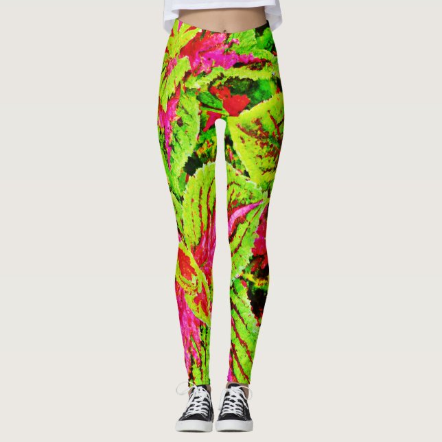 Vibrant Nature Leaves Pattern Leggings (Front)