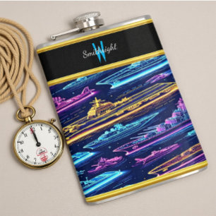 Vibrant Naval Fleet Illuminated by Neon Colours Hip Flask