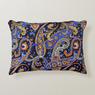 Vibrant Navy & Orange Bohemian Paisley Pattern Decorative Cushion