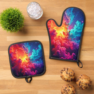 Vibrant Nebula Art: Cosmic Color Art Oven Mitt & Pot Holder Set