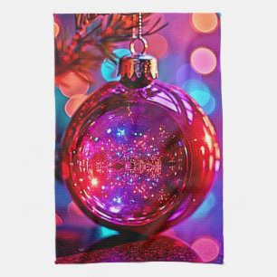 Vibrant Neon Christmas Ornament Design Tea Towel