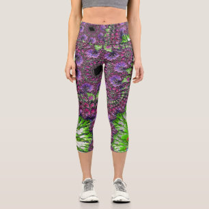 Vibrant Neon Colourful Trippy Groovy Fractal Art Capri Leggings