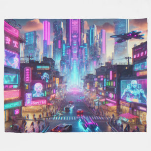 Vibrant Neon Cyberpunk Cityscape Fantasy   Fleece Blanket