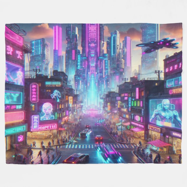 Vibrant Neon Cyberpunk Cityscape Fantasy | Fleece Blanket (Front (Horizontal))