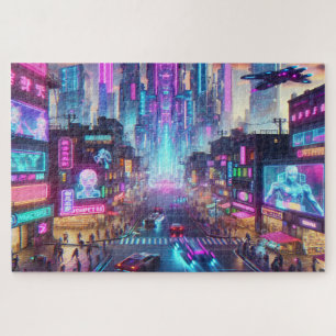 Vibrant Neon Cyberpunk Cityscape Fantasy   Jigsaw Puzzle