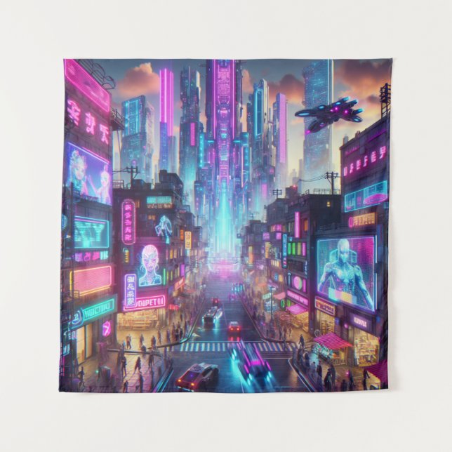 Vibrant Neon Cyberpunk Cityscape Fantasy | Tapestry (Front)