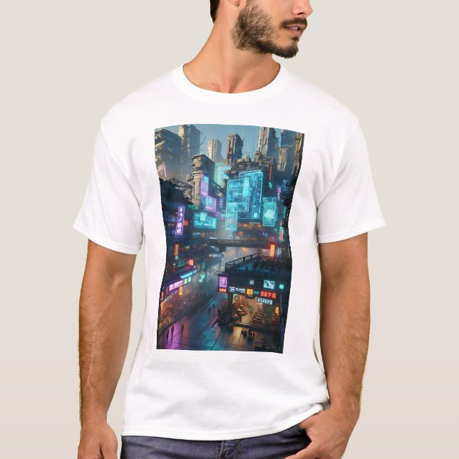 Vibrant Neon Cyberpunk Cityscape Futuristic T-Shirt (Front)