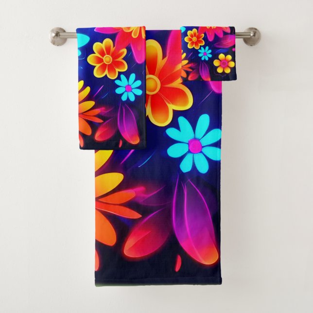 Vibrant Neon Floral Art Bath Towel Set (Insitu)