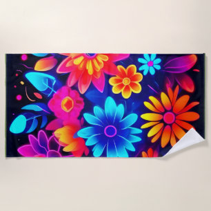Vibrant Neon Floral Art Beach Towel