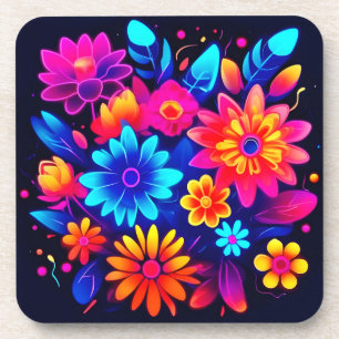 Vibrant Neon Floral Art Coaster