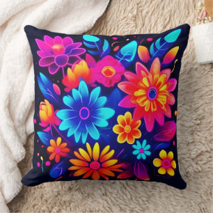 Vibrant Neon Floral Art Cushion