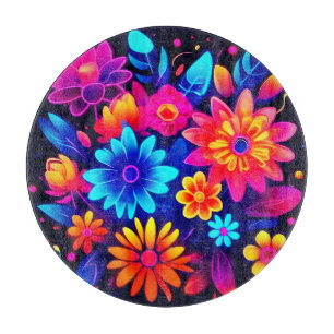 Vibrant Neon Floral Art Cutting Board