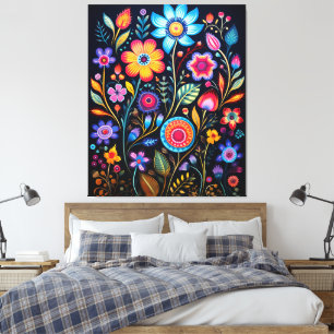 Vibrant Neon Floral Black Background Wood Plaque Canvas Print