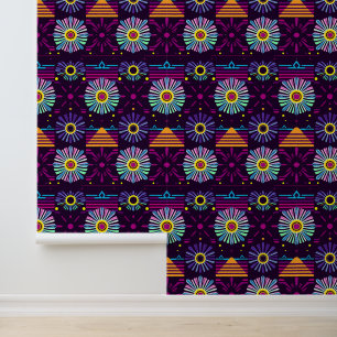 Vibrant Neon Floral Geometric Pattern Wallpaper