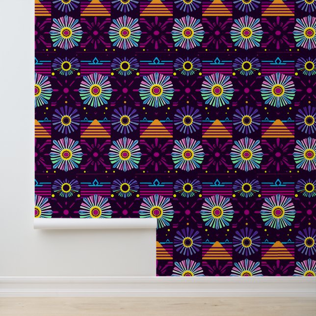 Vibrant Neon Floral Geometric Pattern Wallpaper (Application)