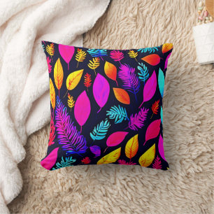 Vibrant Neon Foliage: Captivating Leaves Pattern Cushion