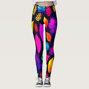 Vibrant Neon Foliage: Captivating Leaves Pattern Leggings