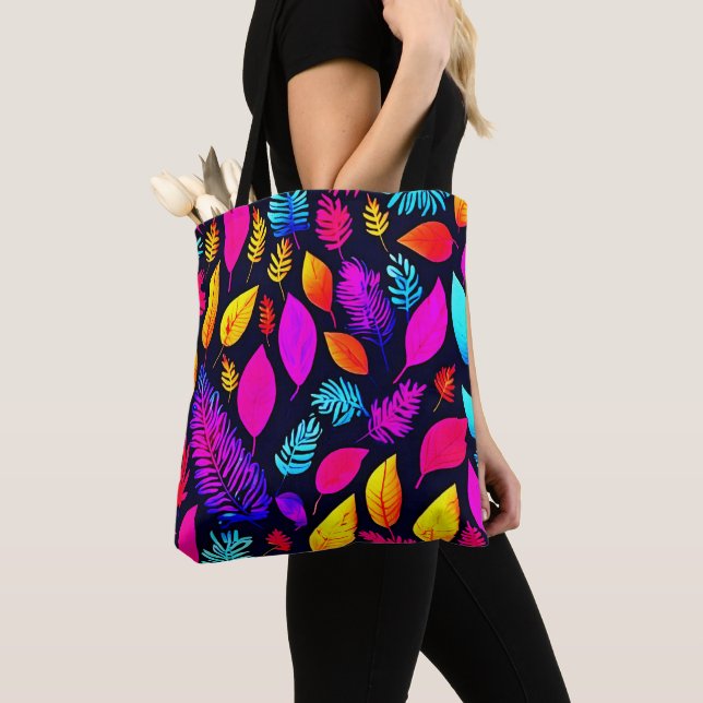 Vibrant Neon Foliage: Captivating Leaves Pattern Tote Bag (Close Up)