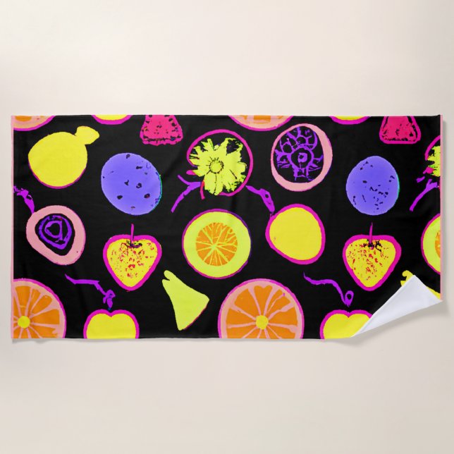 Vibrant Neon Fruits Artistry Beach Towel (Front)