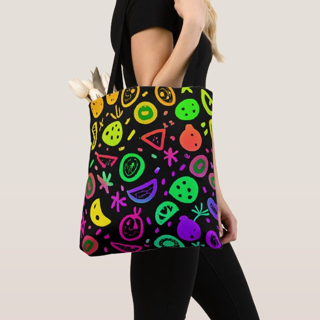 Vibrant Neon Fruits Pattern Art Tote Bag (Close Up)
