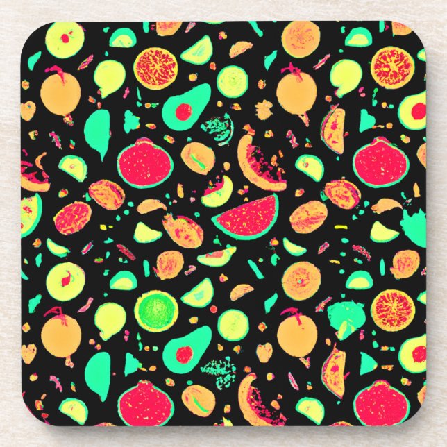 Vibrant Neon Fruits Pattern Coaster (Front)