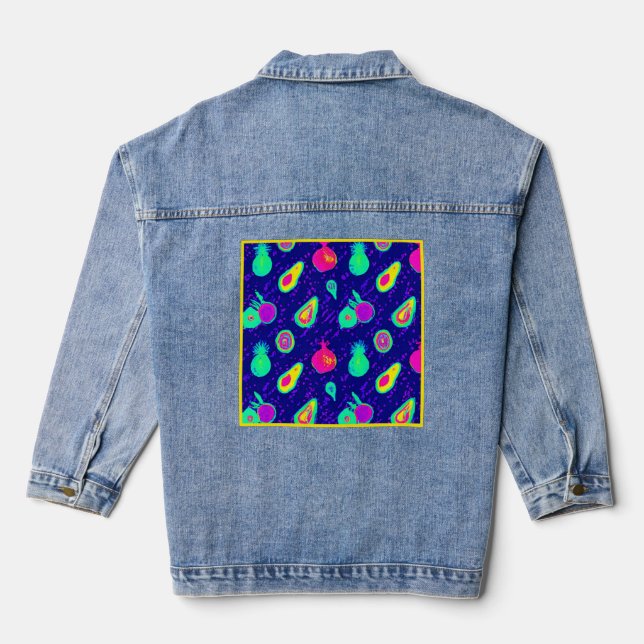 Vibrant Neon Fruits Pattern Design Denim Jacket (Back)