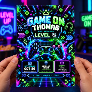 Vibrant Neon Glow Video Game Boys Birthday Party Invitation