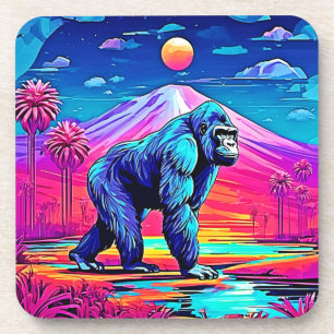 Vibrant Neon Gorilla in a Surreal Jungle Scene Coaster