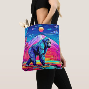 Vibrant Neon Gorilla in a Surreal Jungle Scene Tote Bag