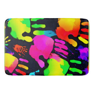 Vibrant Neon Handprint Art Bath Mat