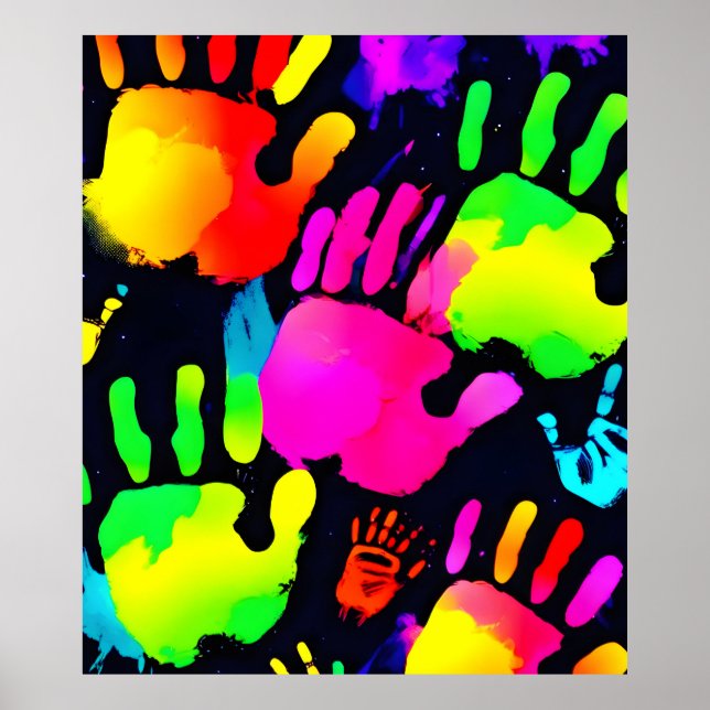 Vibrant Neon Handprint Art Poster (Front)