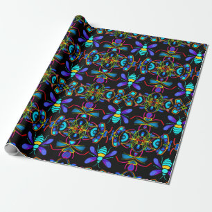  Vibrant Neon Honeybee with Abstract Hexagonal  Wrapping Paper