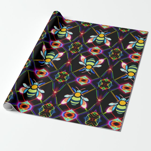  Vibrant Neon Honeybee with Abstract Hexagonal  Wrapping Paper (Unrolled)