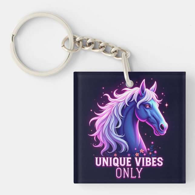 Vibrant Neon Horse Illustration with Unique Text Key Ring (Front)