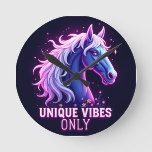 Vibrant Neon Horse Illustration with Unique Text Round Clock