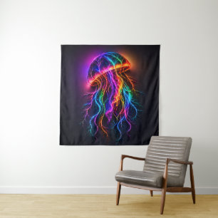 Vibrant Neon Jellyfish with Electric Tendrils Wall Tapestry