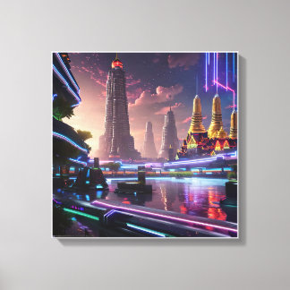 Vibrant Neon Lights of Cyberpunk Bangkok Canvas Print