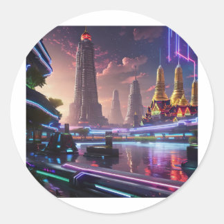 Vibrant Neon Lights of Cyberpunk Bangkok Classic Round Sticker