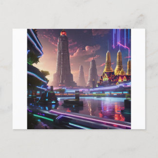 Vibrant Neon Lights of Cyberpunk Bangkok Postcard