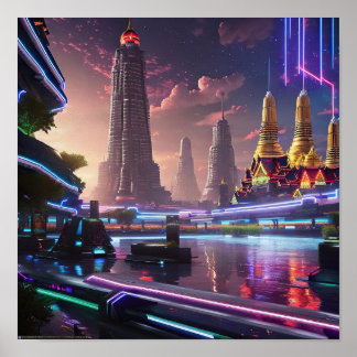 Vibrant Neon Lights of Cyberpunk Bangkok Poster